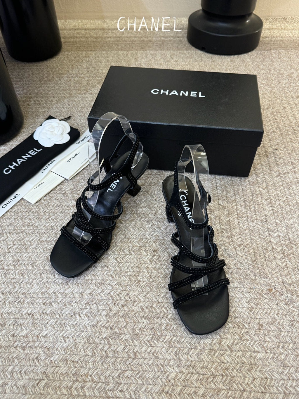 CC 26s Strappy Sandals 6cm Black Sheepskin 736749