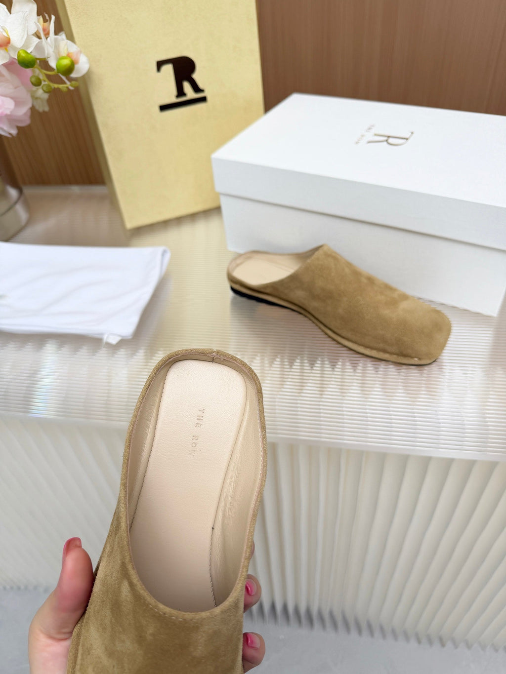 The Row Piper Slide Khahi Suede 707518