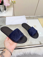 The Row Malick Fur Slide Dark Blue 707546