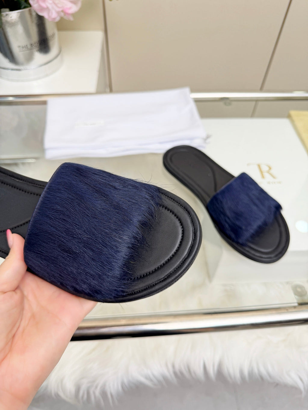 The Row Malick Fur Slide Dark Blue 707546