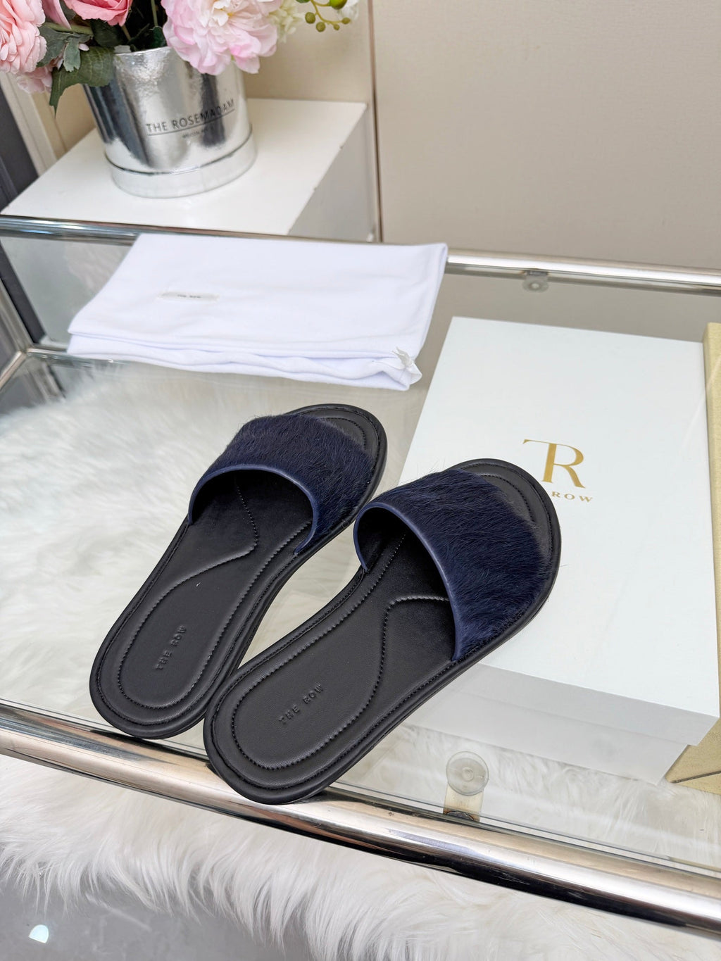 The Row Malick Fur Slide Dark Blue 707546
