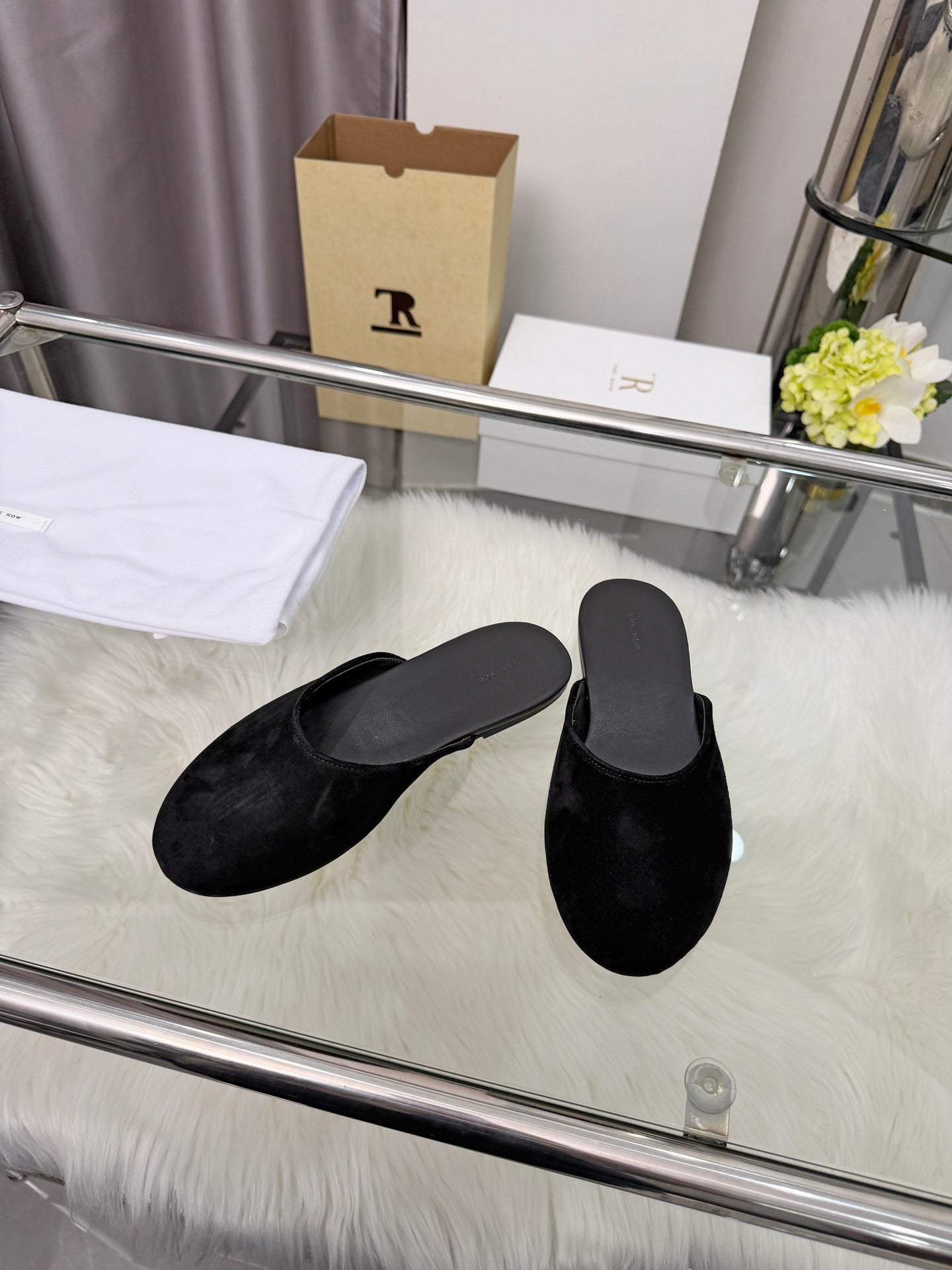 The Row Sleeper Two Slippers Black Suede 707572