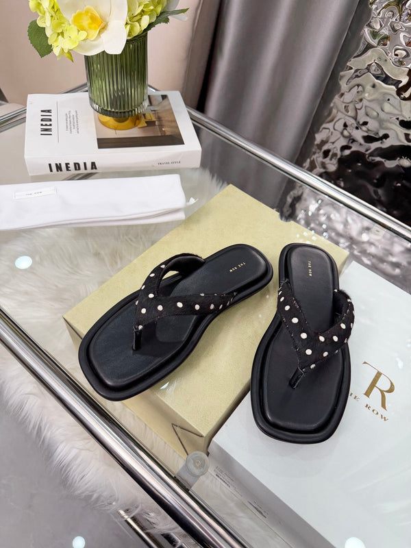 The Row Ginza Thong Sandals Black Sheepskin Horsehair 707573