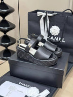 CC HIGH WEDGE SANDALS IN BLACK LAMBSKIN
