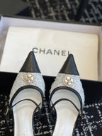 mule sandal white tweed black lambskin