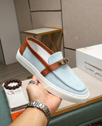 HM Men's Game Slip-on Blue Brown Denim Cowhide 712266