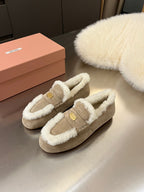 Miu Logo-Embossed Loafer Taupe Suede Shearling 455917