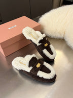 Miu Logo-Embossed Slippers Deep Neutral Suede Shearling 455920