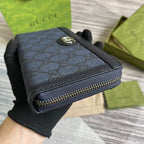 OPHIDIA GG 19 ZIP AROUND WALLET DARK BLUE CANVAS AND BLACK CALFSKIN