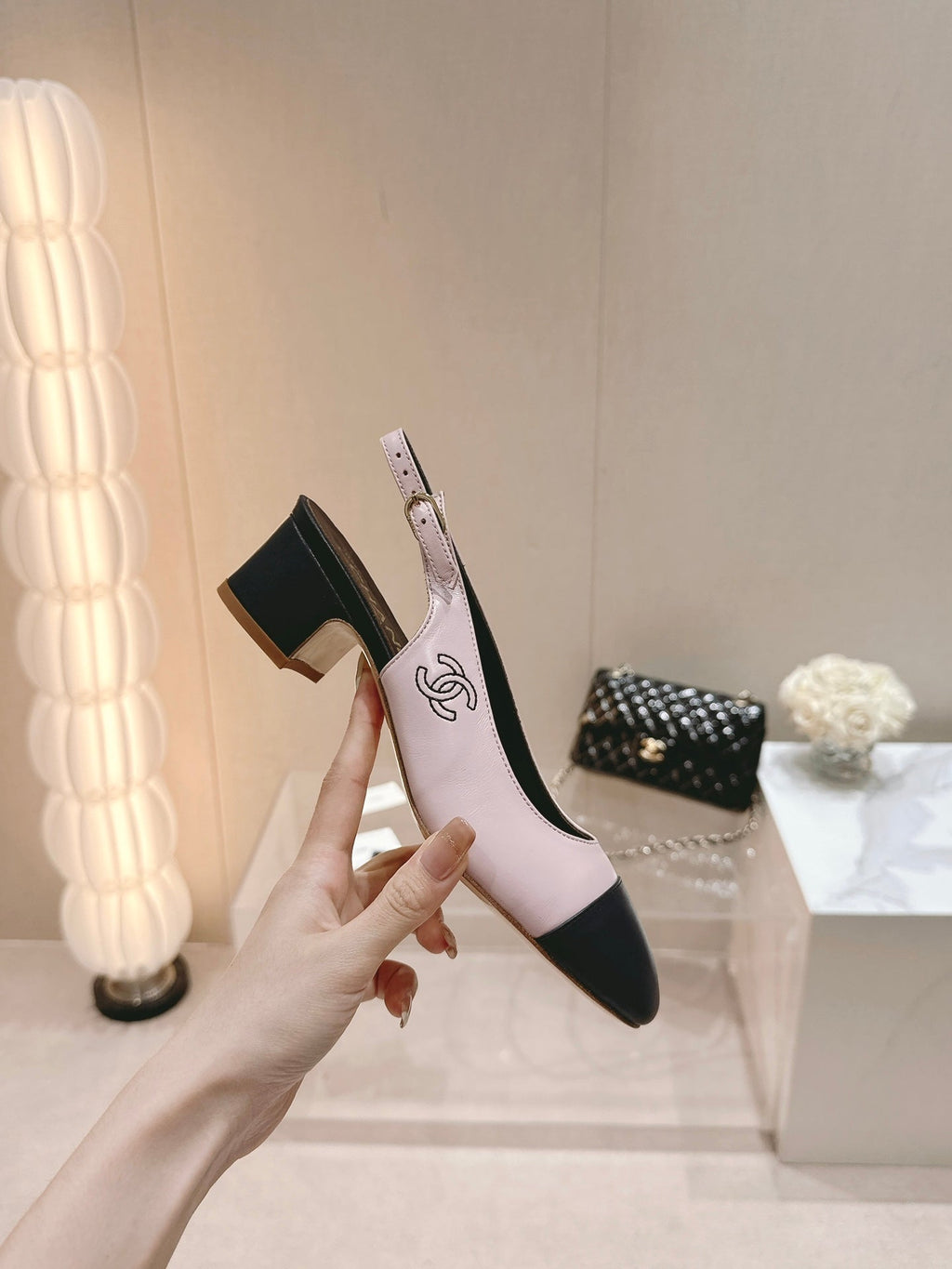 CC 24P SLINGBACKS 45MM PINK BLACK LAMBSKIN