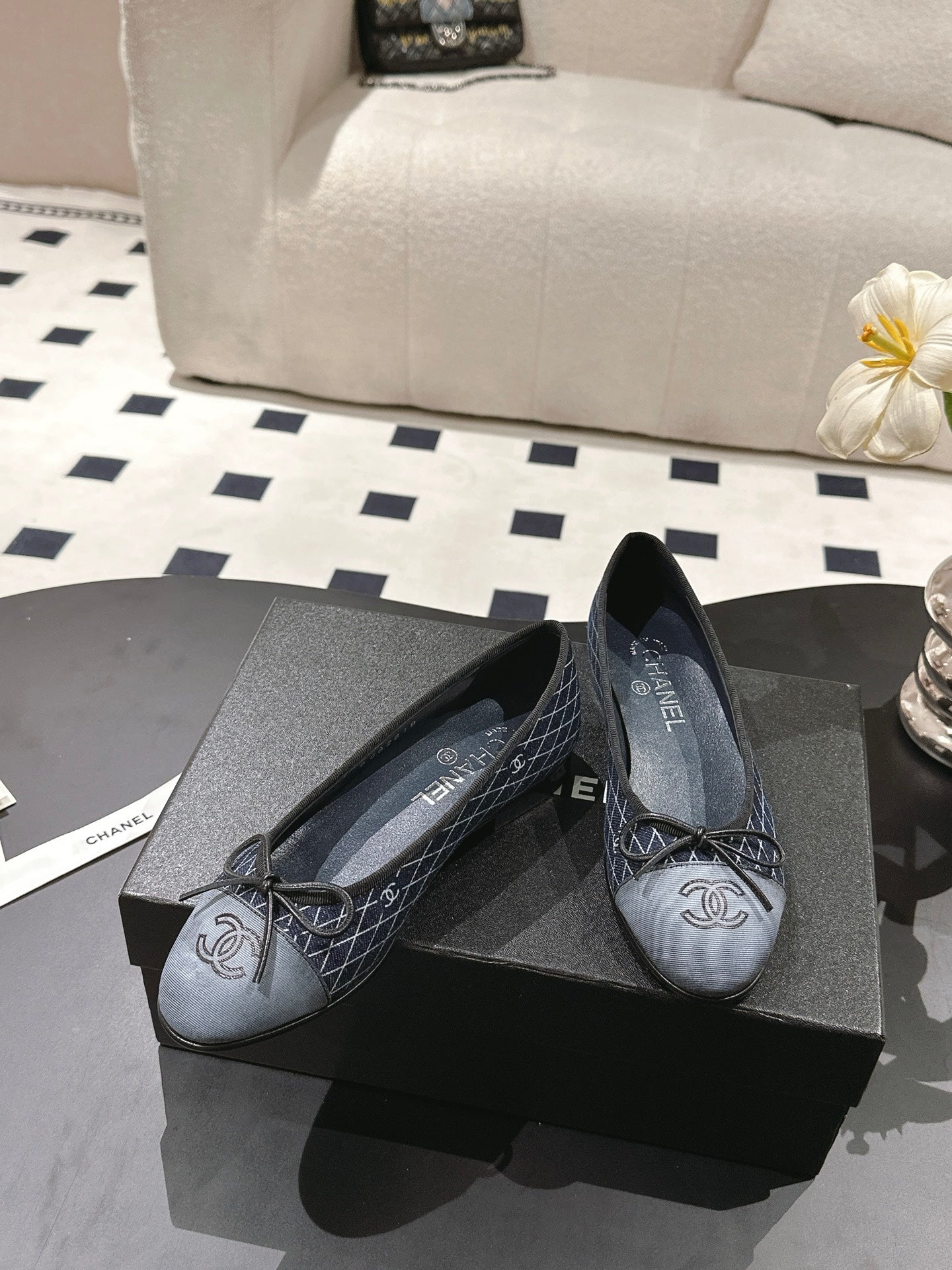 cc 25c ballet flat cross line pattern dark blue denim 237480