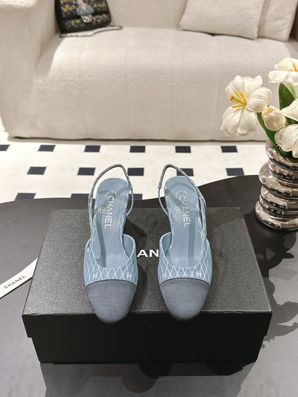 cc 25c slingback 55mm cross line pattern light blue denim 237487