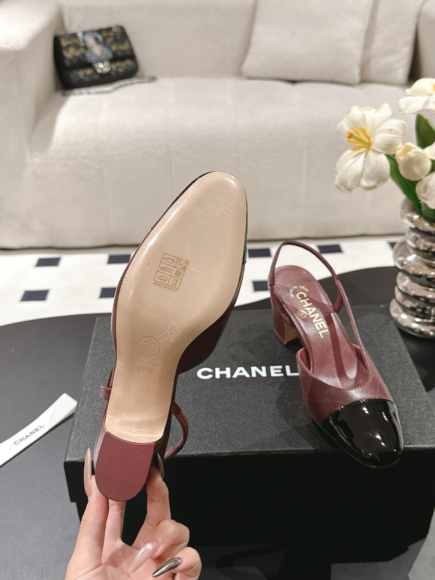 cc 25c slingback 55mm cross line pattern burgundy lambskin 237488