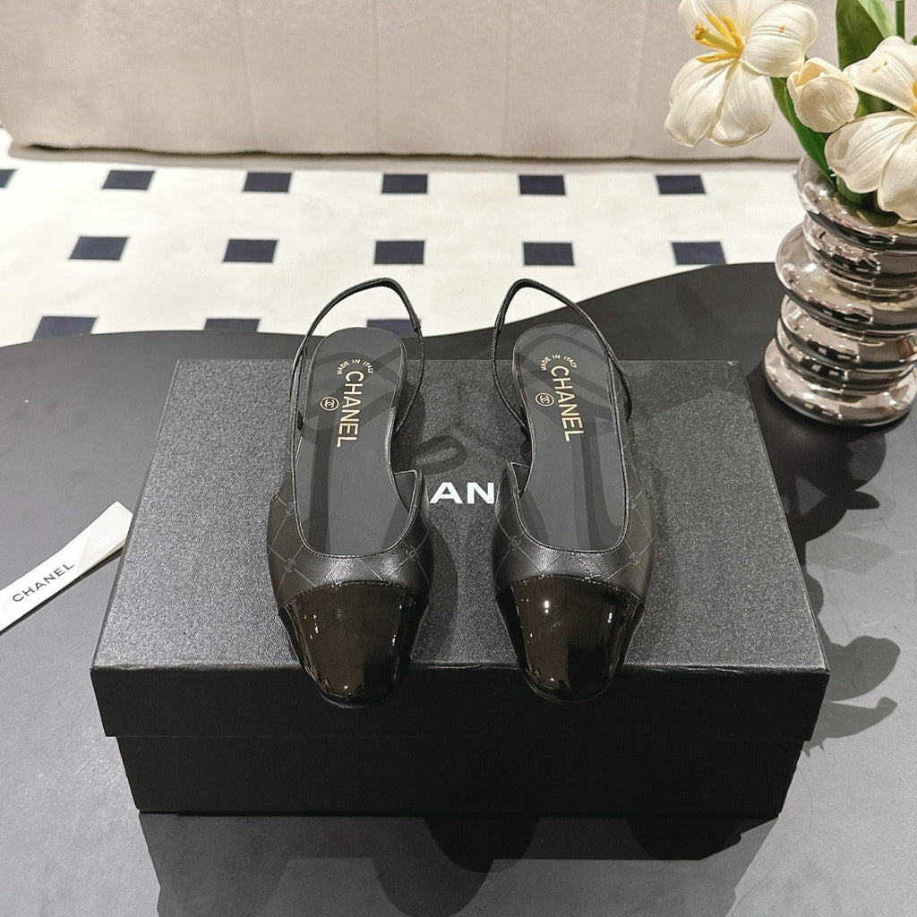 cc 25c slingback flat 15mm cross line pattern black lambskin 237492