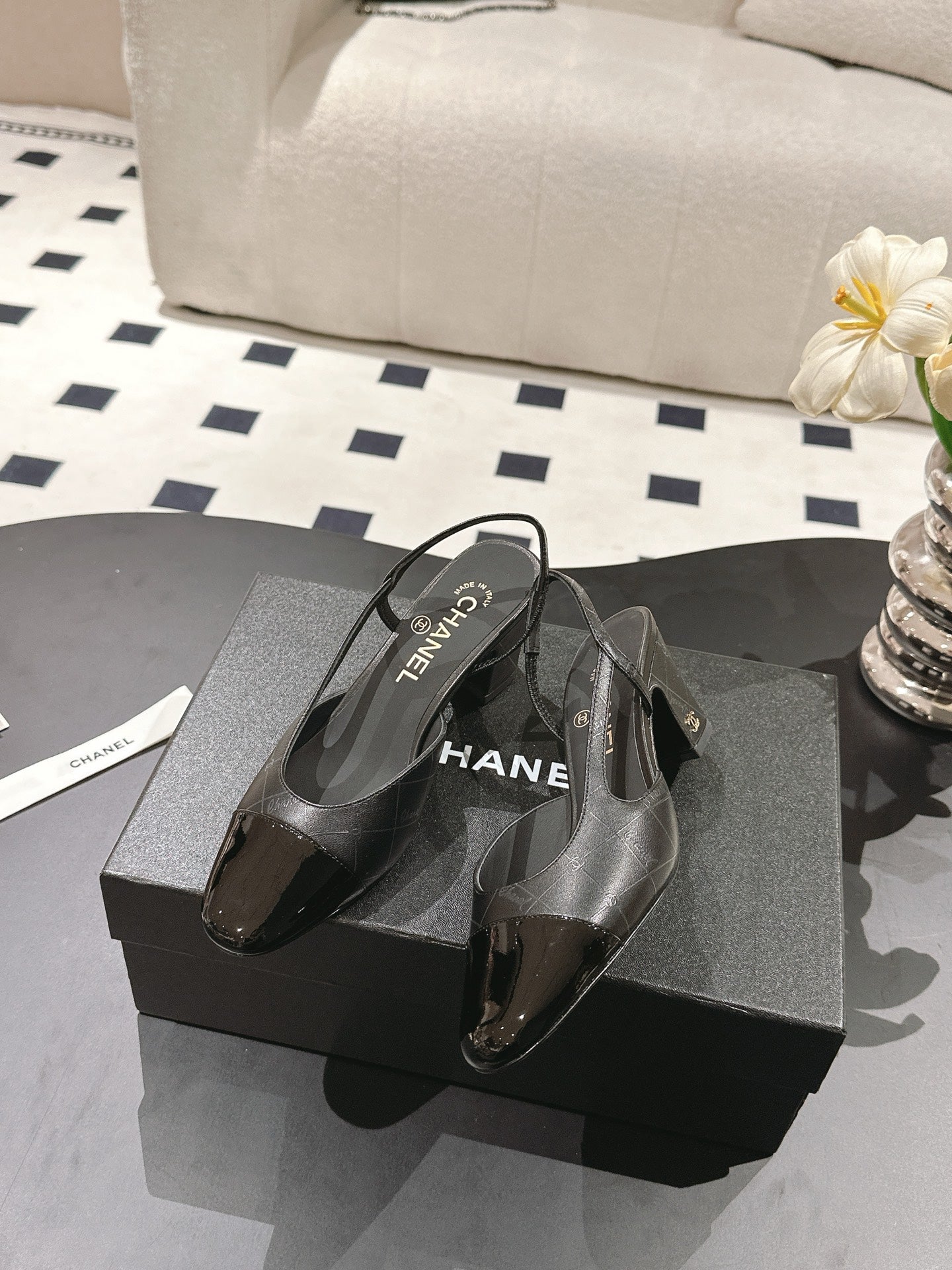 cc 25c slingback 55mm cross line pattern black lambskin 237494