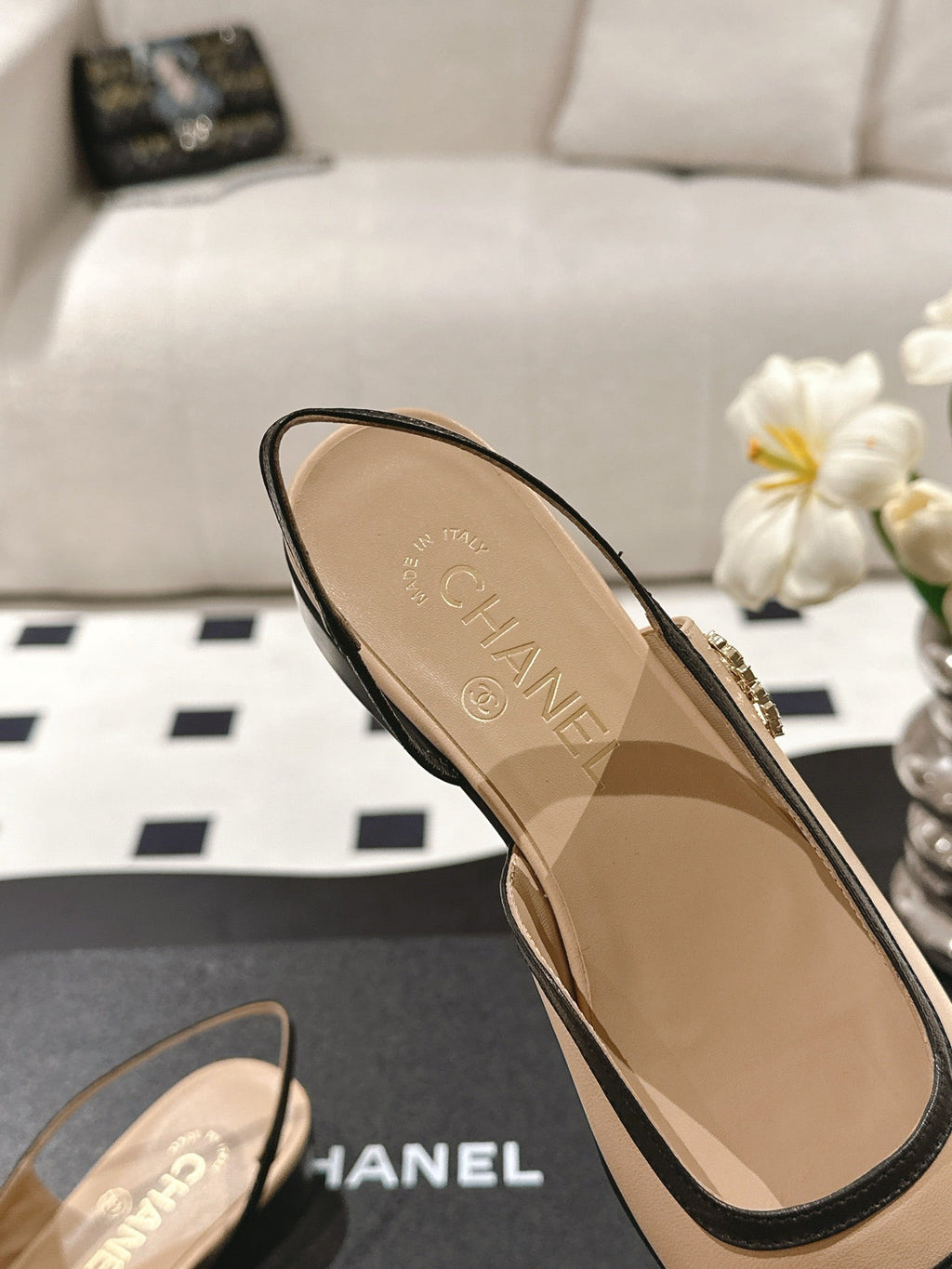 cc 2024k slingback 30mm beige black pattern calfskin 237499