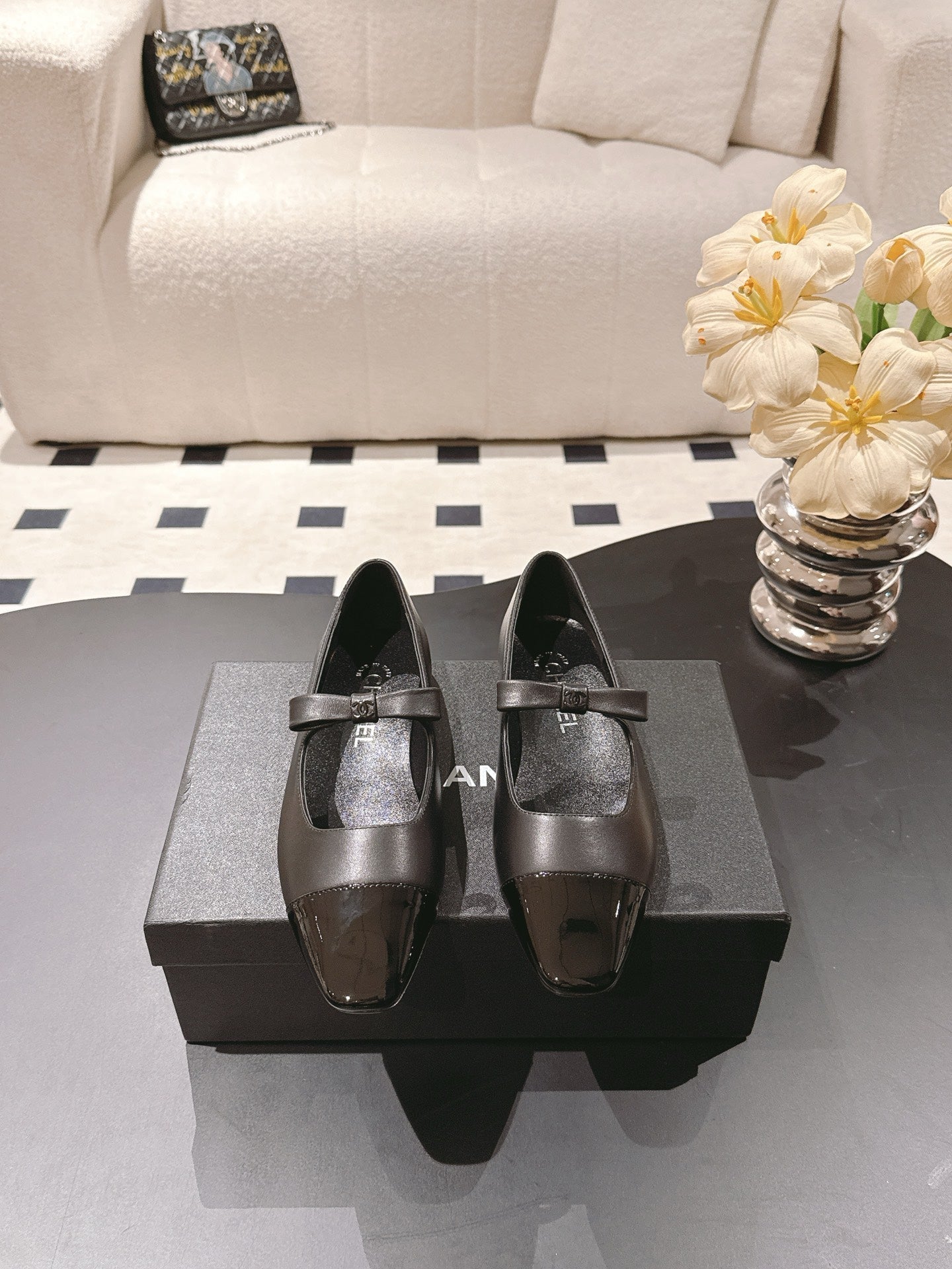 CC 25B Small Bow Buckle Ballet Flats 10mm Black Sheepskin Patent Leather 415747
