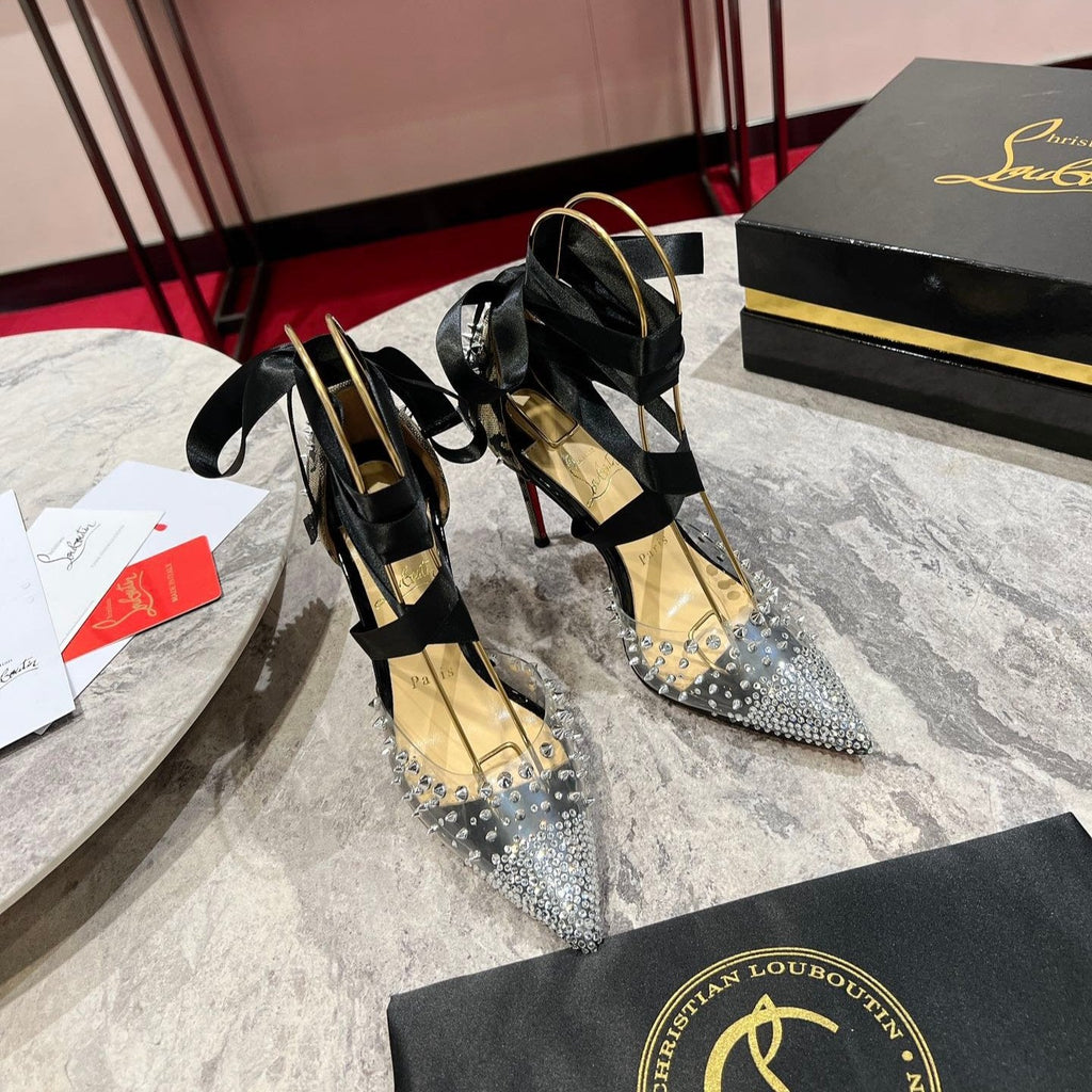 CL Mechante Reine Pumps 100mm Spike Fabric PVC Black