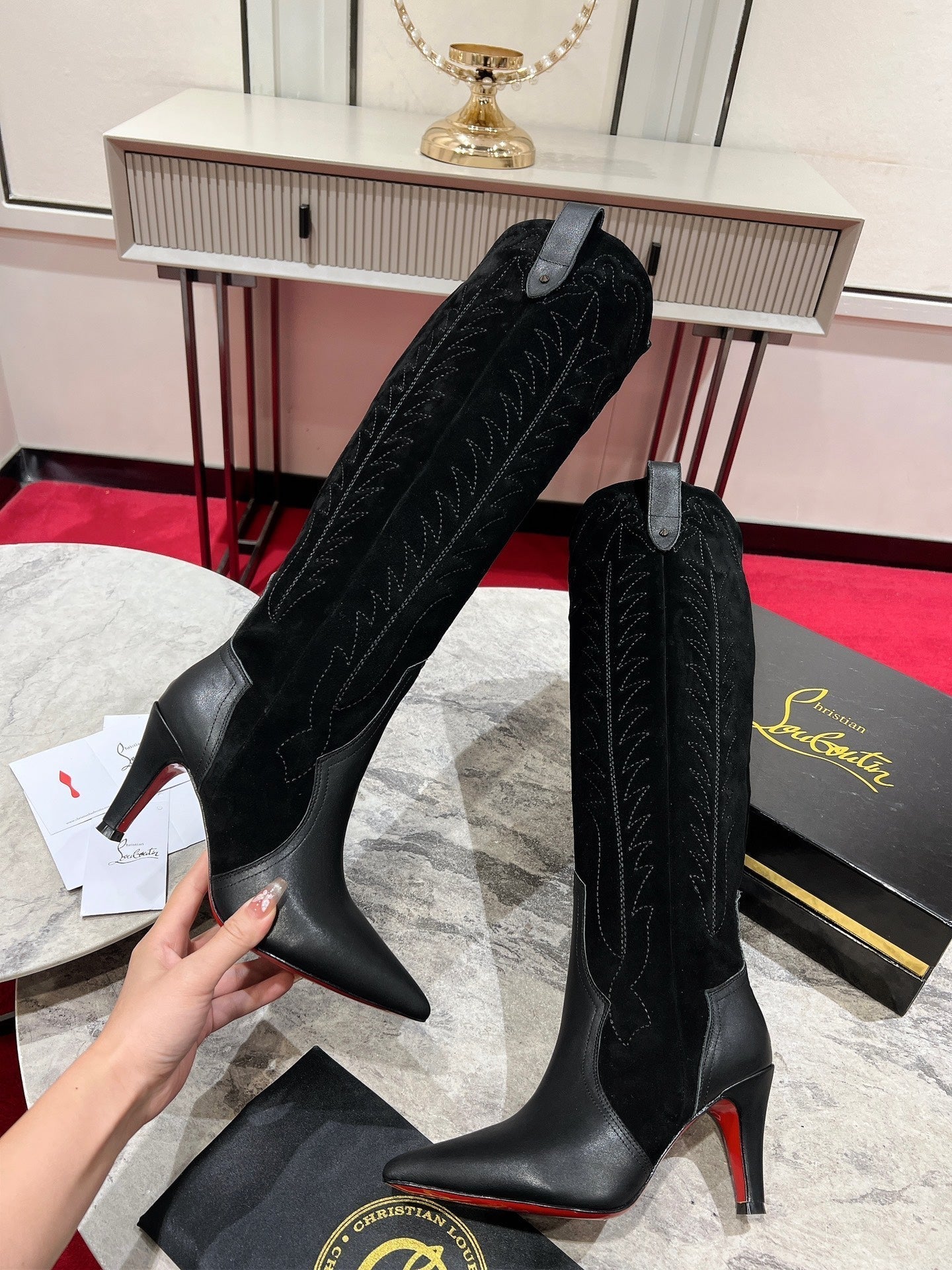 CL Santia Botta 85 mm Leather And Veau Velours Embroidery Black
