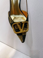VT High Heeled Slingbacks Black Gold Sheepskin 292827