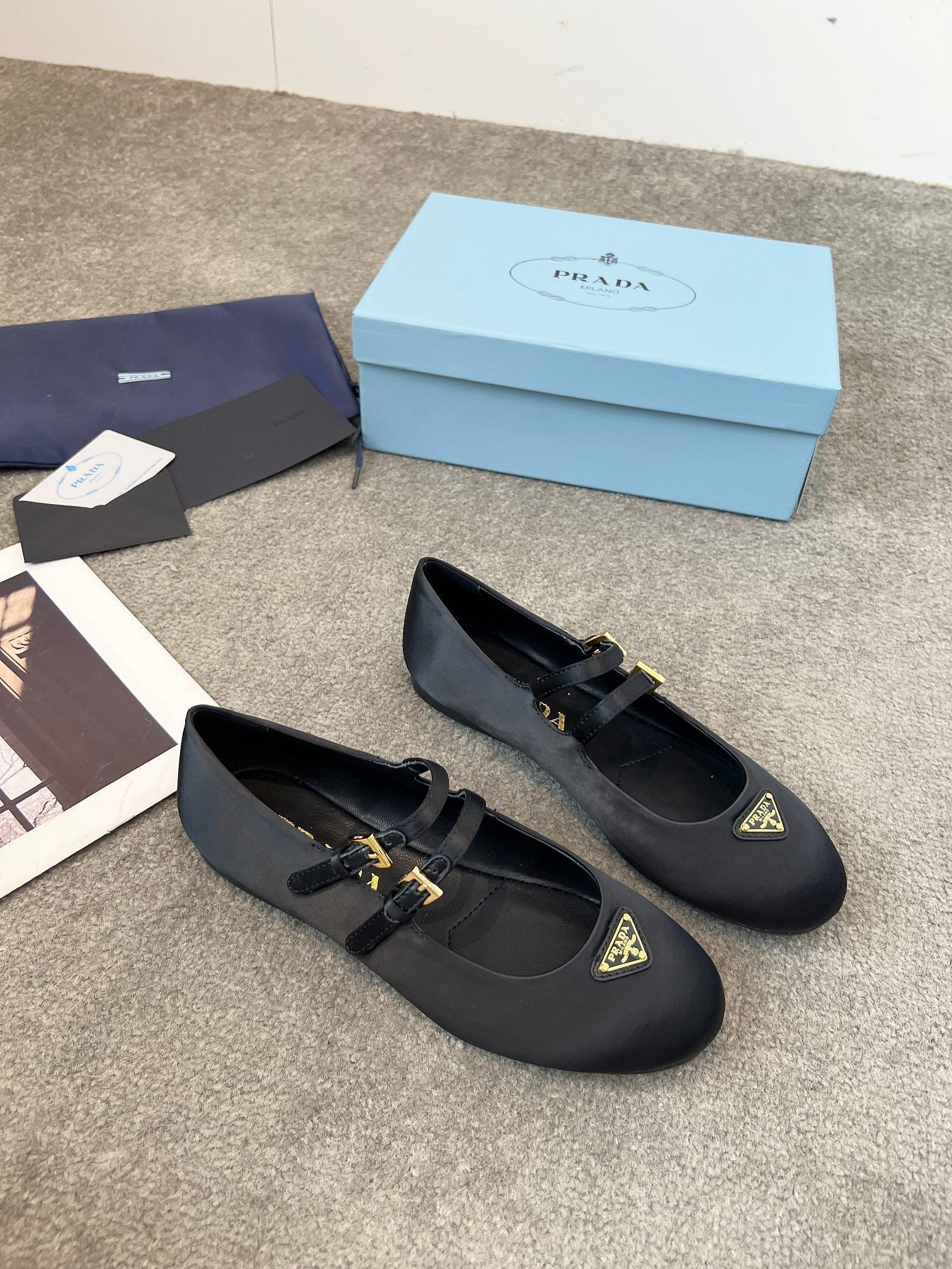 Prada 25th Double Strap Ballet Flats Black Satin 564124