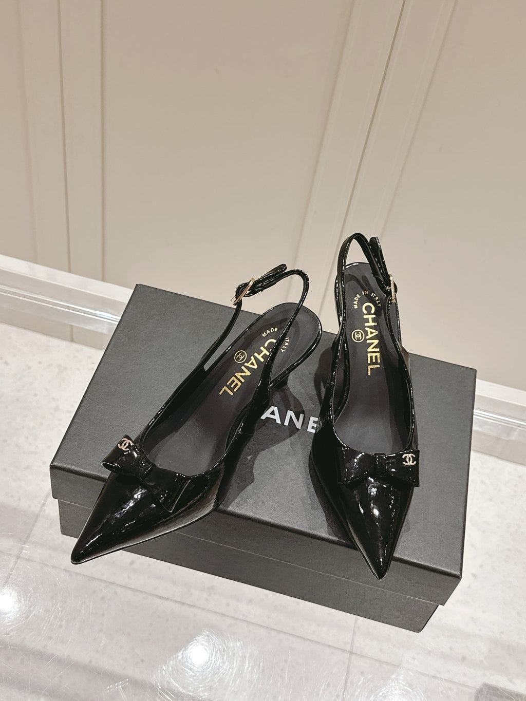 Chanel 25A Slingback Black Patent Calfskin 393073