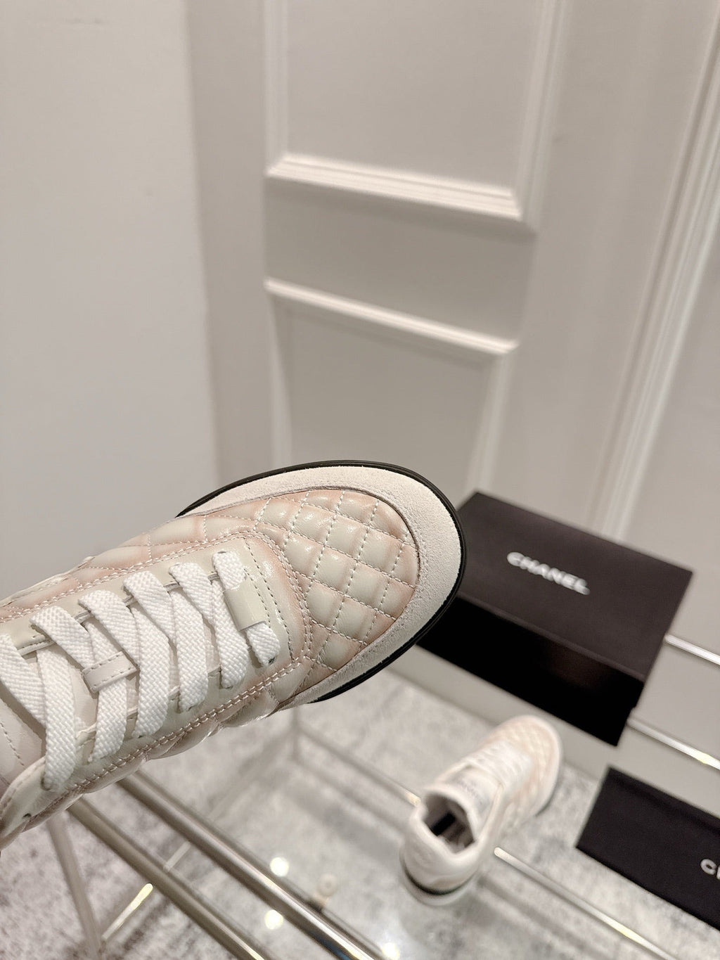 Chanel 25A Sports Shoes White Black Mix Pastel Peach 393115