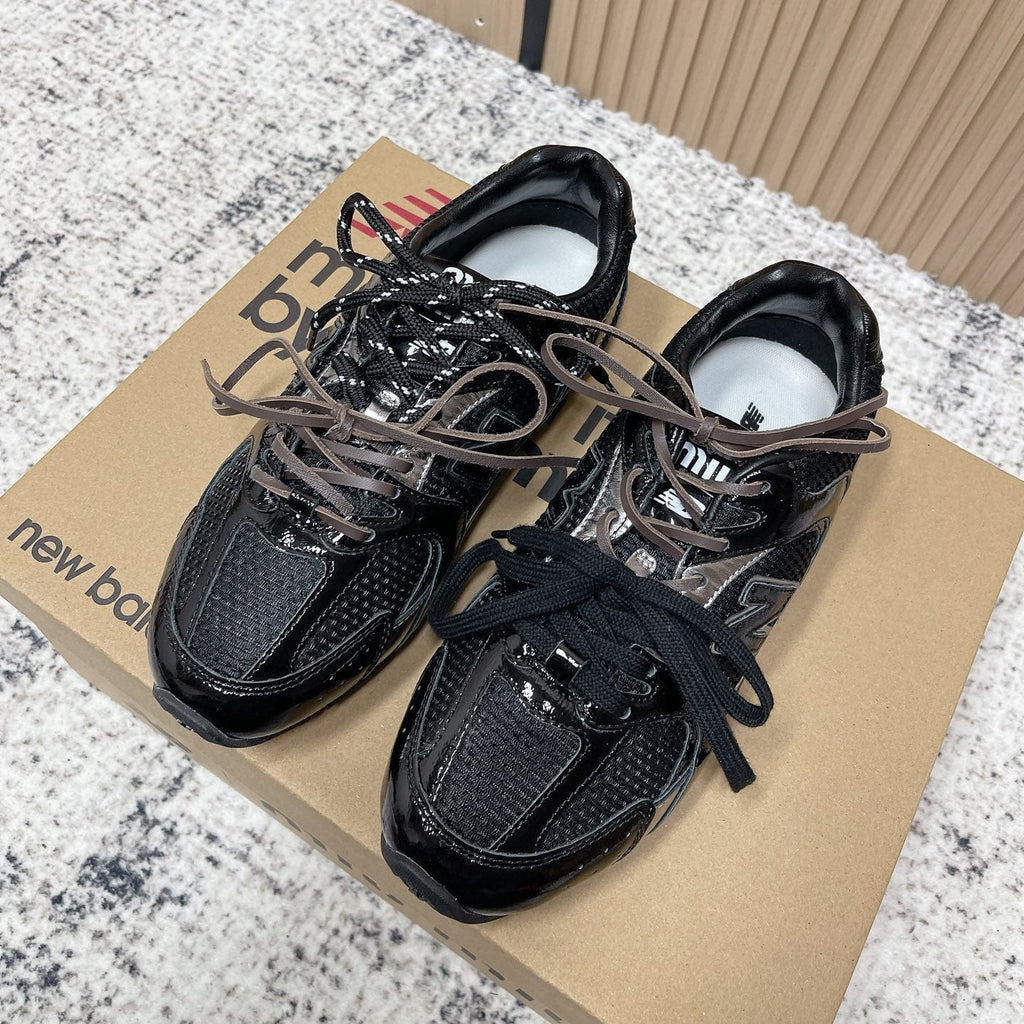 MiuMiu x New Balance Casual Sneakers Black Brown Patent Leather and Mesh 533990