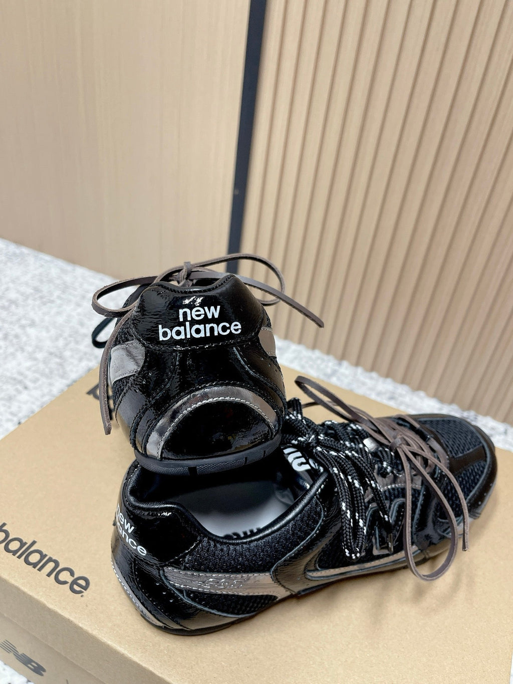 MiuMiu x New Balance Casual Sneakers Black Brown Patent Leather and Mesh 533990