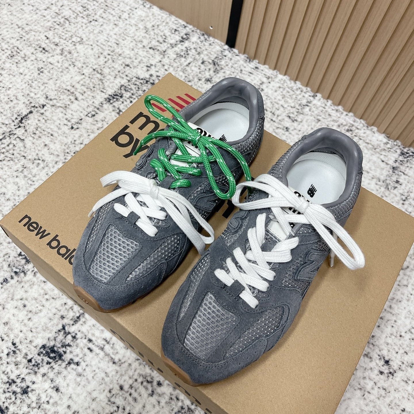 MiuMiu x New Balance Casual Sneakers Gray White Green Patent Leather and Mesh 533992