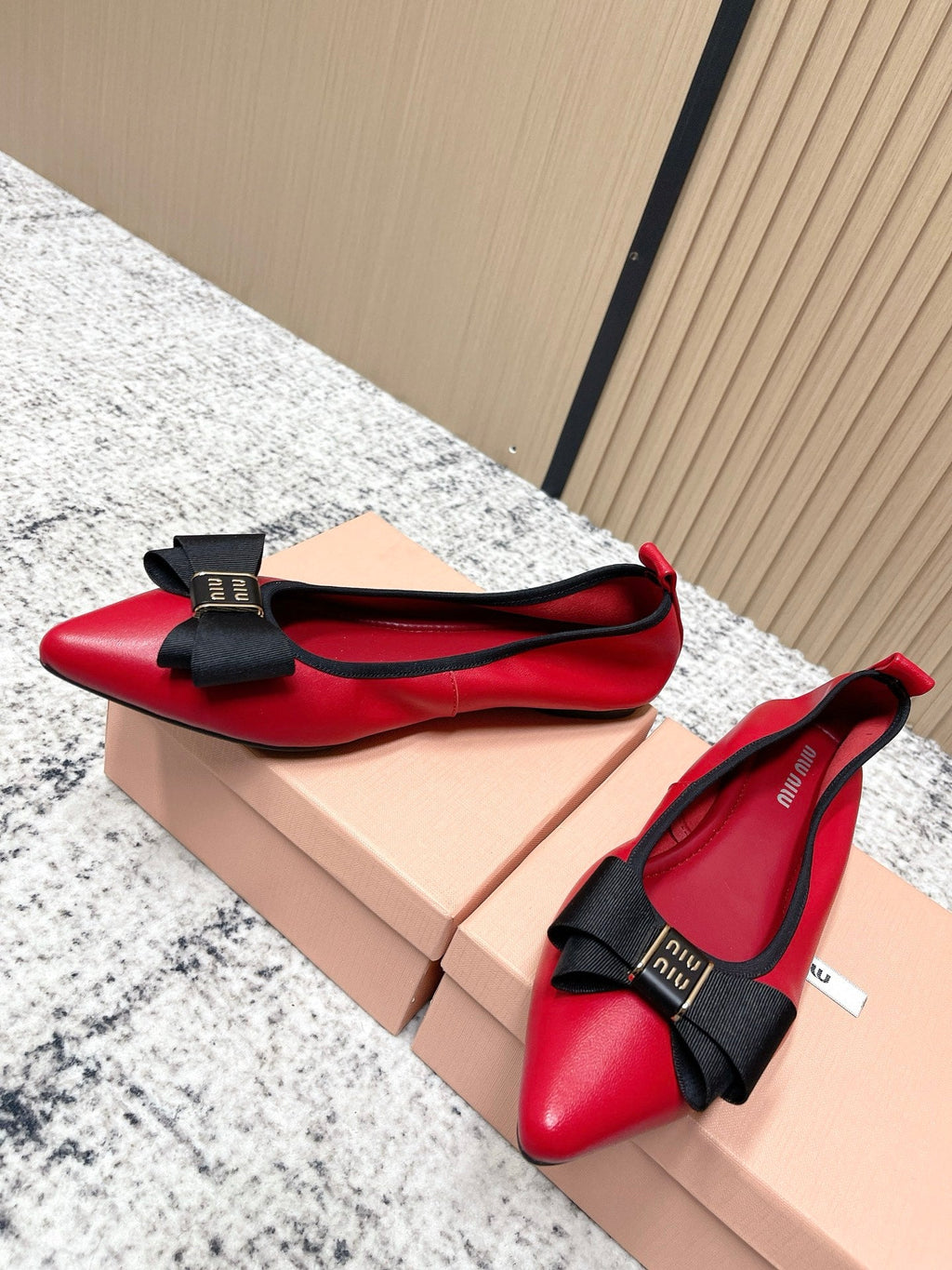 Miu Pointed-Toe Ballet Flats Red Sheepskin 591566