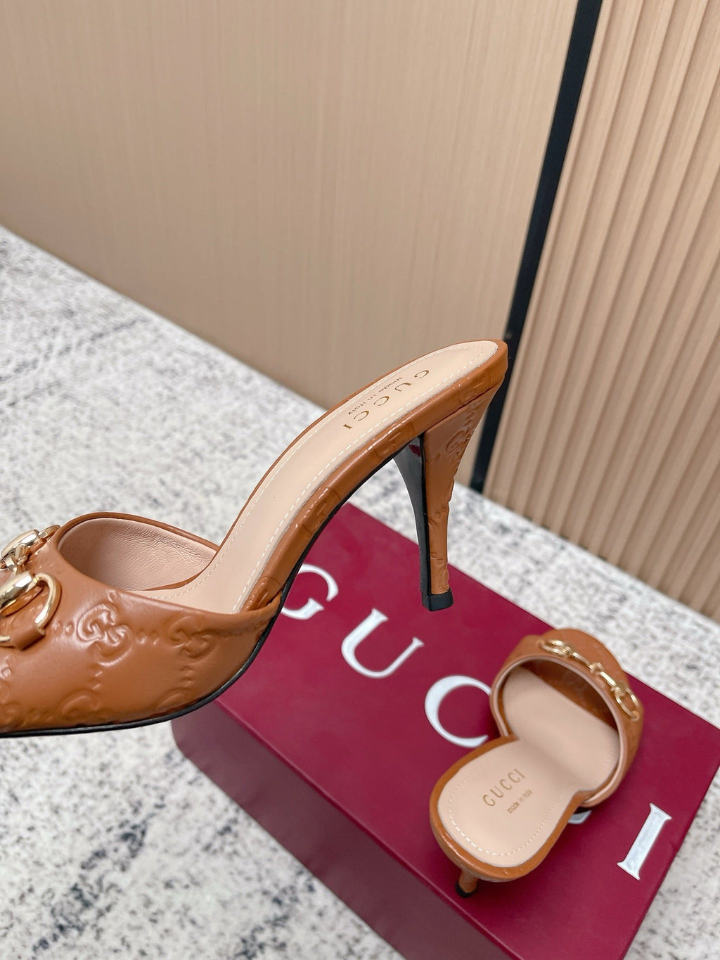 GG Sandal With Horsebit 8.5cm Brown Shiny Leather 752224