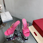HIGH HEEL SANDAL 14CM IN BRIGHT PINK CALFSKIN AND TRANSPARENT PVC