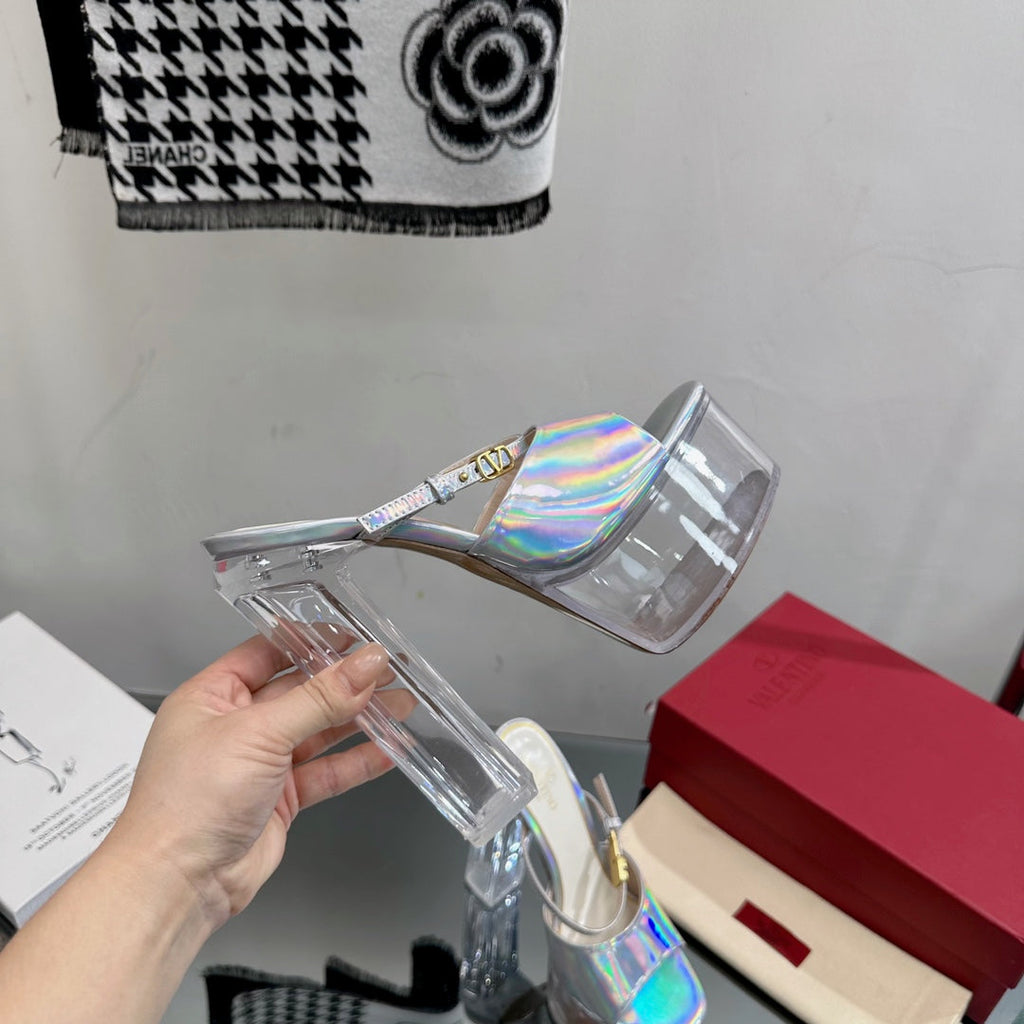 HIGH HEEL SANDAL 14CM IN SILVER CALFSKIN AND TRANSPARENT PVC