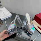HIGH HEEL SANDAL 14CM IN SILVER CALFSKIN AND TRANSPARENT PVC