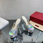 HIGH HEEL SANDAL 14CM IN SILVER CALFSKIN AND TRANSPARENT PVC
