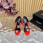 SL POM CIRCLE CRYSTAL HEELED SANDALS RED SATIN