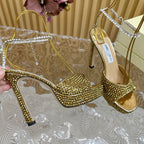 Jimmy Sandal 130mm In Gold Lambskin With Stone 581555