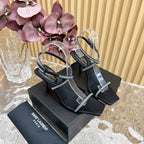 NUIT SANDALS 85 IN BLACK CREPE SATIN AND WHITE RHINESTONES