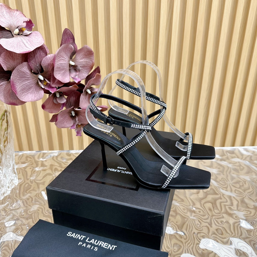 NUIT SANDALS 85 IN BLACK CREPE SATIN AND WHITE RHINESTONES