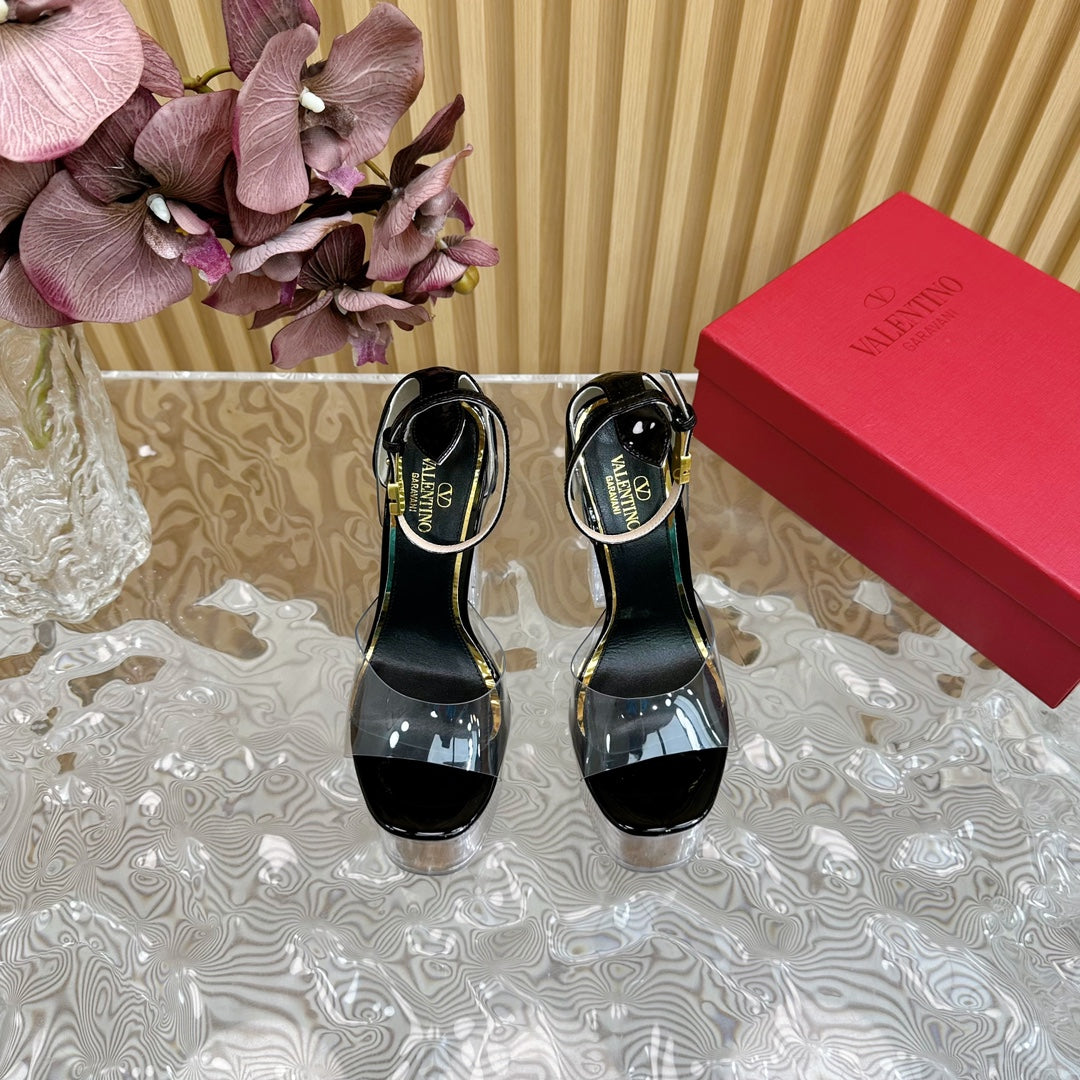 HIGH SANDAL 14CM IN BLACK CALFSKIN AND TRANSPARENT PVC