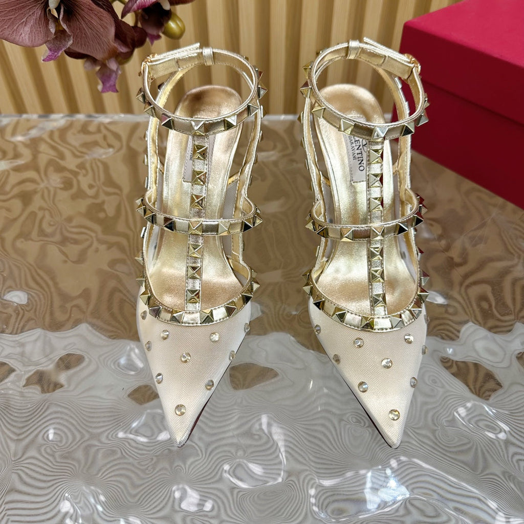 ROCKSTUD  -EFFECT PUMP WITH MATCHING STRAPS AND STUDS 95 MM GOLD CALFSKIN  AND MESH