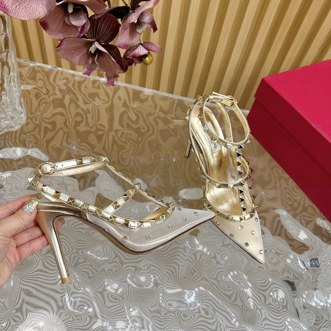 ROCKSTUD  -EFFECT PUMP WITH MATCHING STRAPS AND STUDS 95 MM GOLD CALFSKIN  AND MESH