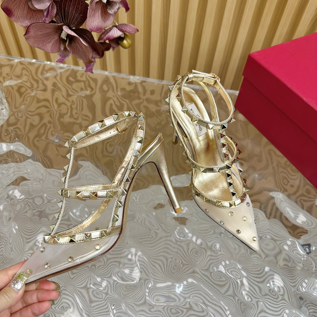 ROCKSTUD  -EFFECT PUMP WITH MATCHING STRAPS AND STUDS 95 MM GOLD CALFSKIN  AND MESH