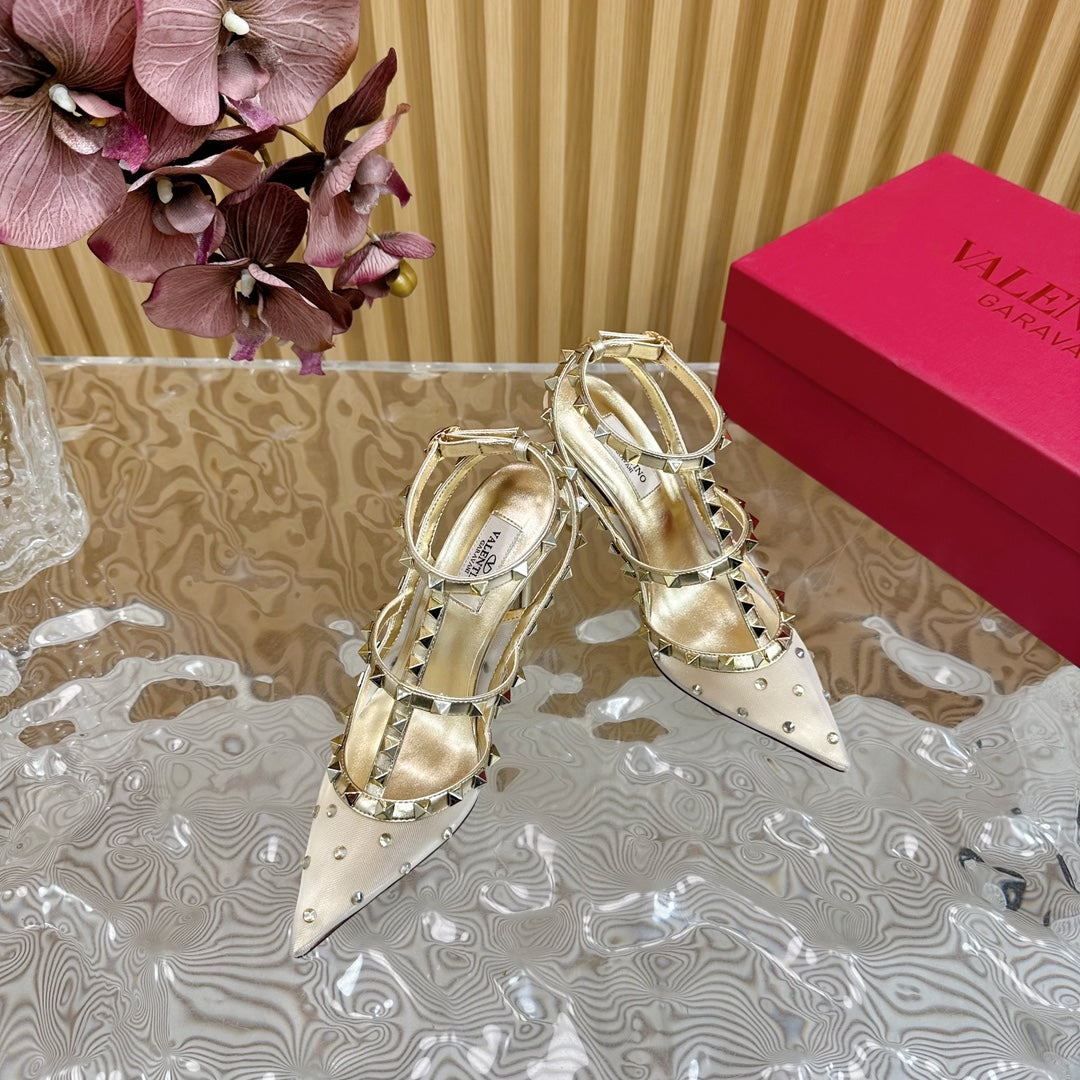 ROCKSTUD  -EFFECT PUMP WITH MATCHING STRAPS AND STUDS 95 MM GOLD CALFSKIN  AND MESH