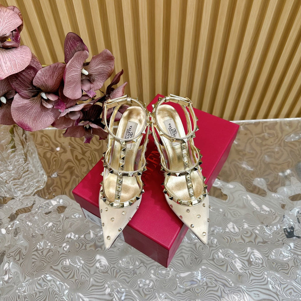 ROCKSTUD  -EFFECT PUMP WITH MATCHING STRAPS AND STUDS 95 MM GOLD CALFSKIN  AND MESH