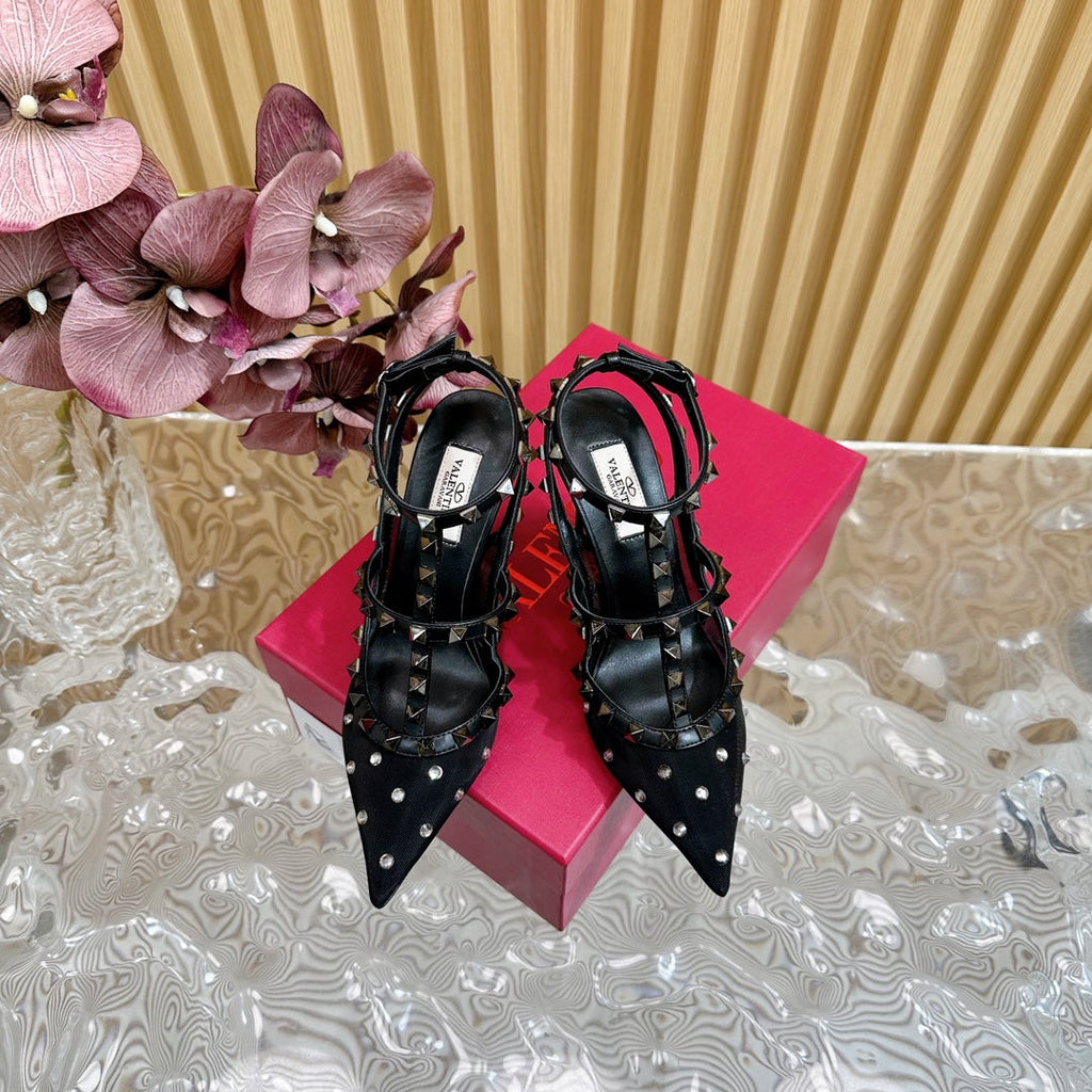 ROCKSTUD  -EFFECT PUMP WITH MATCHING STRAPS AND STUDS 95 MM BLACK CALFSKIN  AND MESH