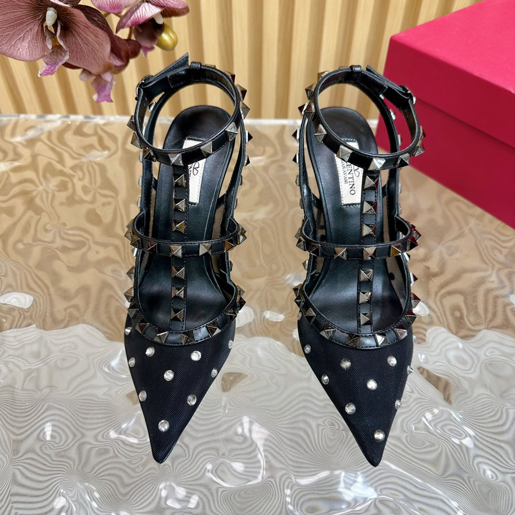 ROCKSTUD  -EFFECT PUMP WITH MATCHING STRAPS AND STUDS 95 MM BLACK CALFSKIN  AND MESH