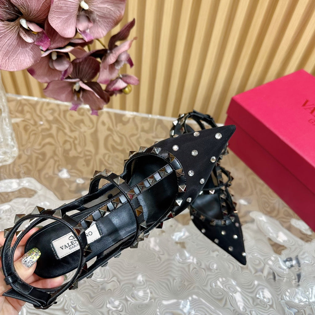 ROCKSTUD  -EFFECT PUMP WITH MATCHING STRAPS AND STUDS 95 MM BLACK CALFSKIN  AND MESH