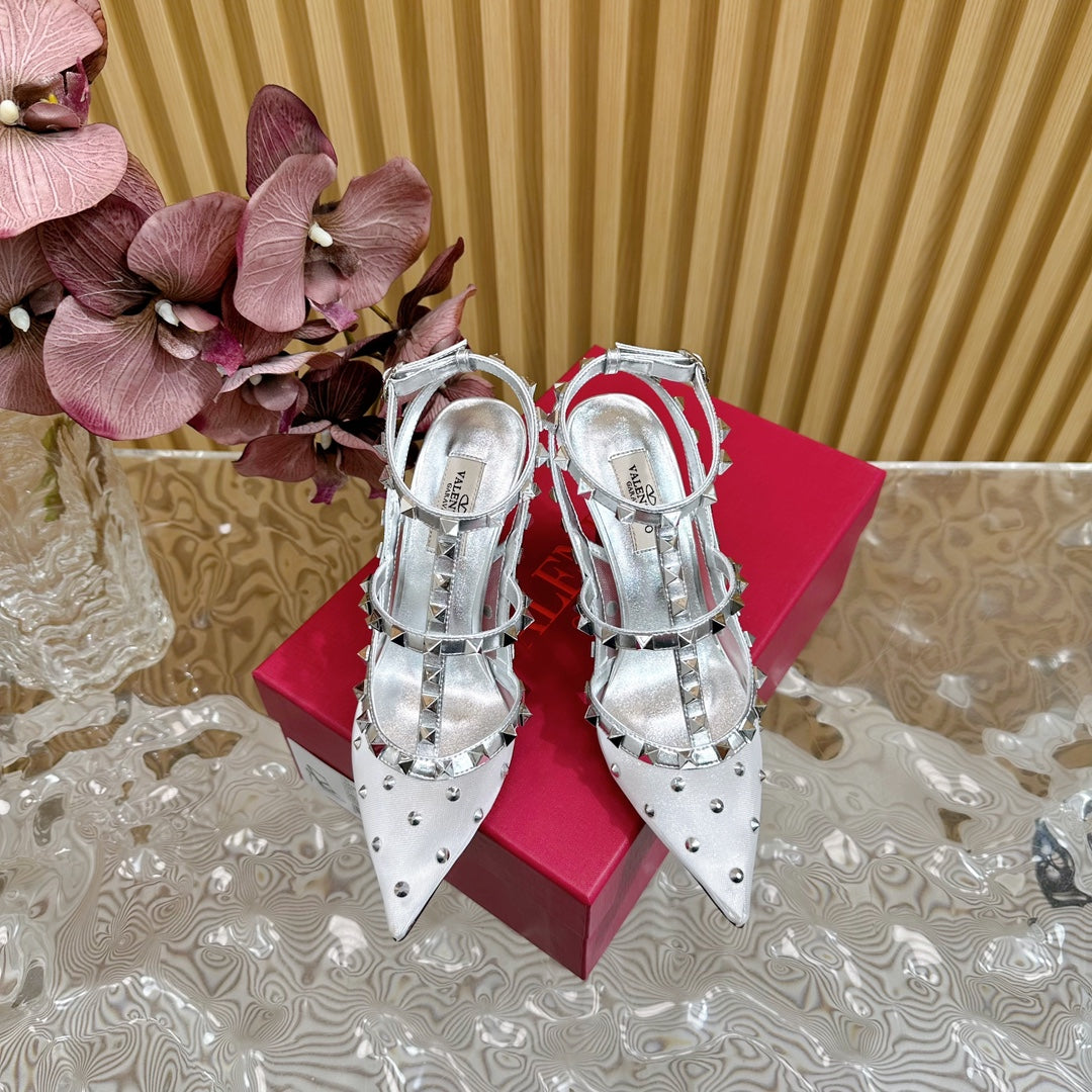 ROCKSTUD  -EFFECT PUMP WITH MATCHING STRAPS AND STUDS 95 MM SILVER CALFSKIN AND MESH
